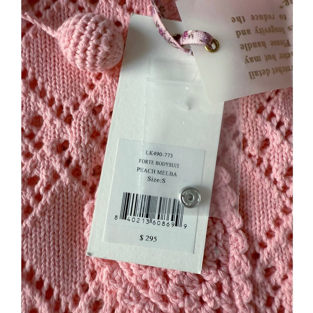 LoveShackFancy NWT Forte Small Peach Pink Strawberry Appliqué Knit Bodysuit - Picture 9 of 16